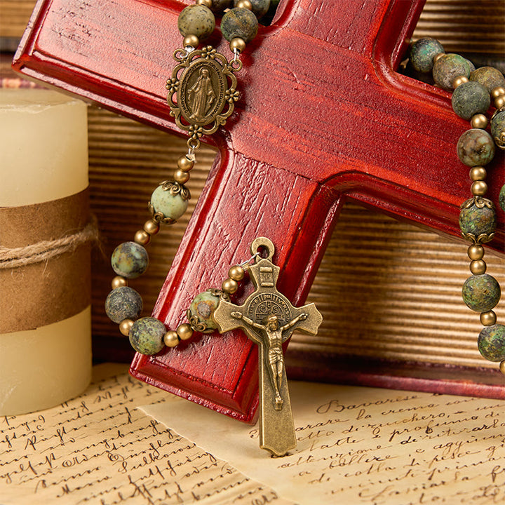 Christianartworkshop Wundertätige Medaille und Kruzifix im Retro-Stil, 8 mm, mattiertes afrikanisches Türkis, handgefertigter Rosenkranz