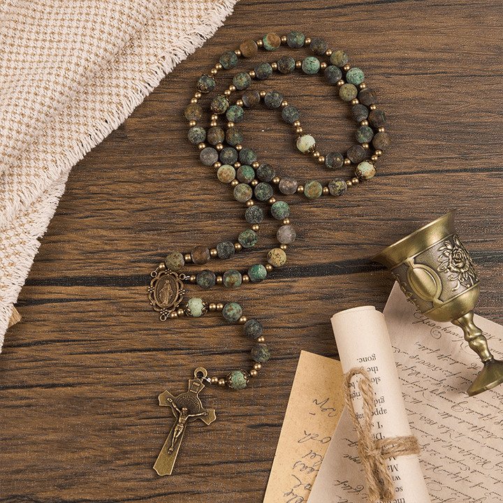 Christianartworkshop Wundertätige Medaille und Kruzifix im Retro-Stil, 8 mm, mattiertes afrikanisches Türkis, handgefertigter Rosenkranz