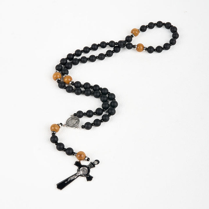 Christianartworkshop St. Benedikt-Medaille und Kruzifix, 8 mm, elegant, mattschwarz und handgefertigte Holzperlen, Rosenkranz