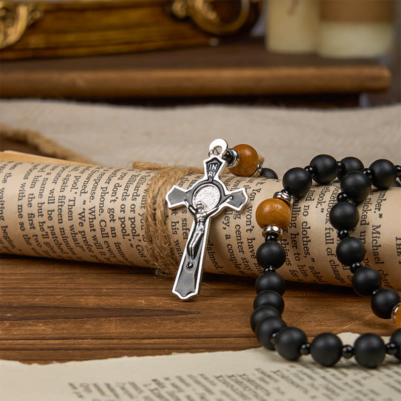 Christianartworkshop St. Benedikt-Medaille und Kruzifix, 8 mm, elegant, mattschwarz und handgefertigte Holzperlen, Rosenkranz