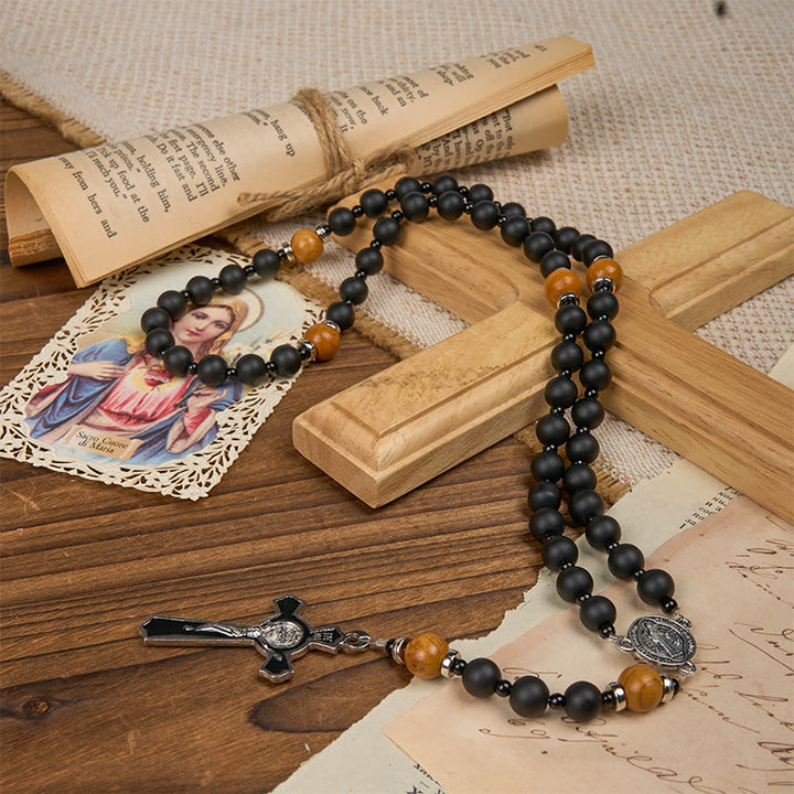 Christianartworkshop St. Benedikt-Medaille und Kruzifix, 8 mm, elegant, mattschwarz und handgefertigte Holzperlen, Rosenkranz