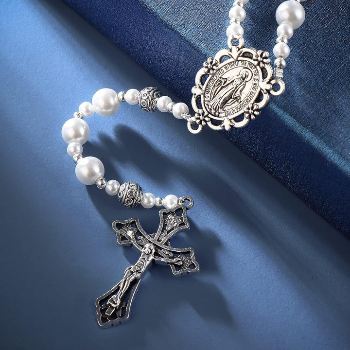 Christianartworkshop Wundertätige Medaille und Kruzifix aus 8 mm weißen Perlen, Gebetsperlen, Rosenkranz