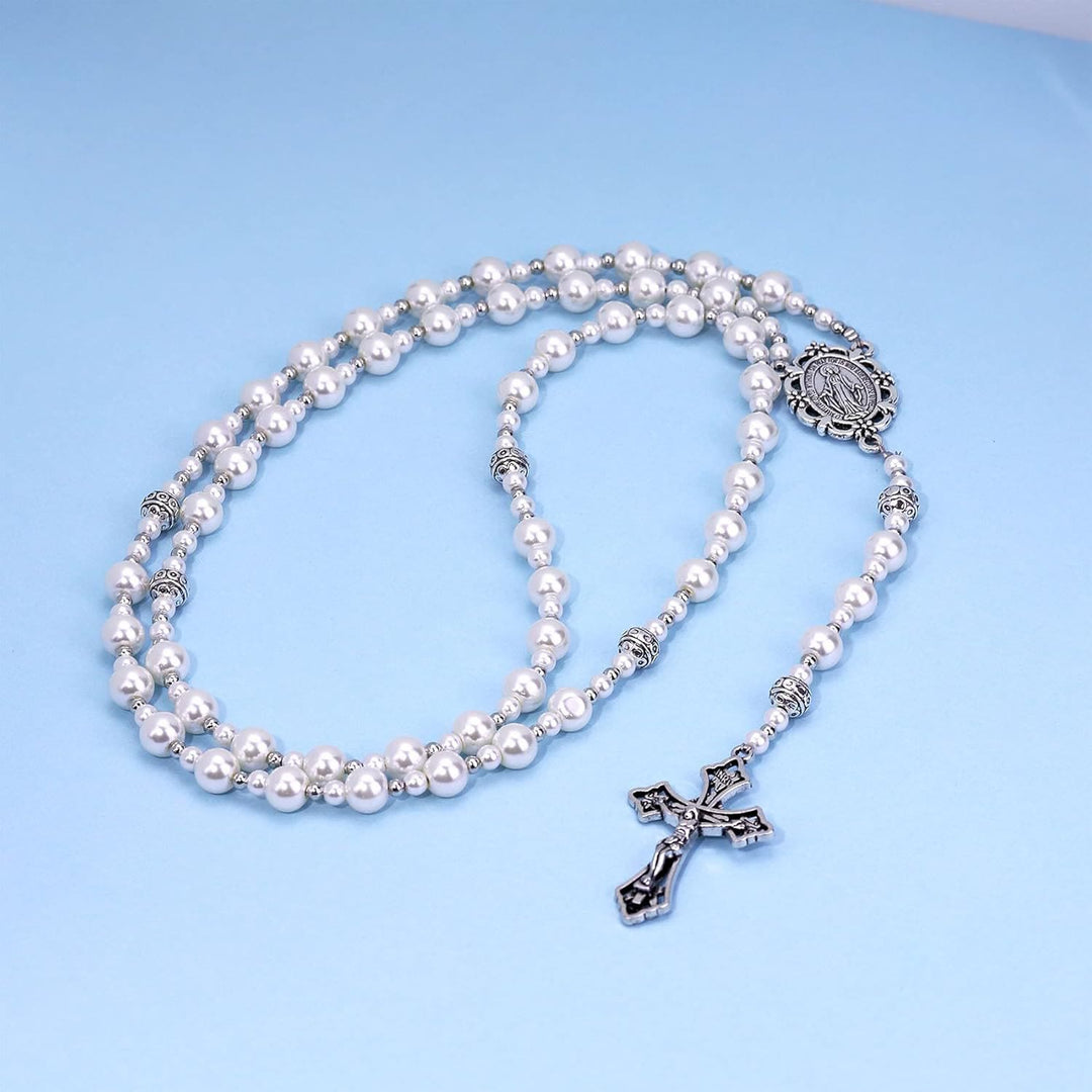 Christianartworkshop Wundertätige Medaille und Kruzifix aus 8 mm weißen Perlen, Gebetsperlen, Rosenkranz