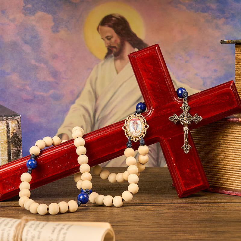 Christianartworkshop Rosenkranz „Unsere Liebe Frau und Kruzifix“ aus 10 mm handgefertigten Holzperlen aus Lapislazuli, Vaterunser-Perlen