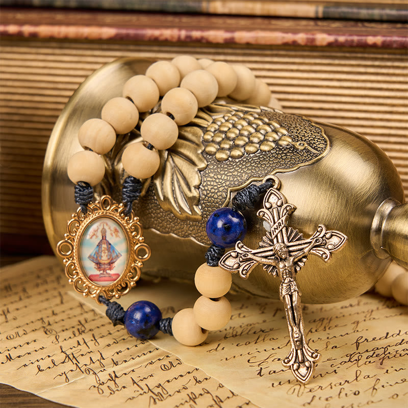 Christianartworkshop Rosenkranz „Unsere Liebe Frau und Kruzifix“ aus 10 mm handgefertigten Holzperlen aus Lapislazuli, Vaterunser-Perlen