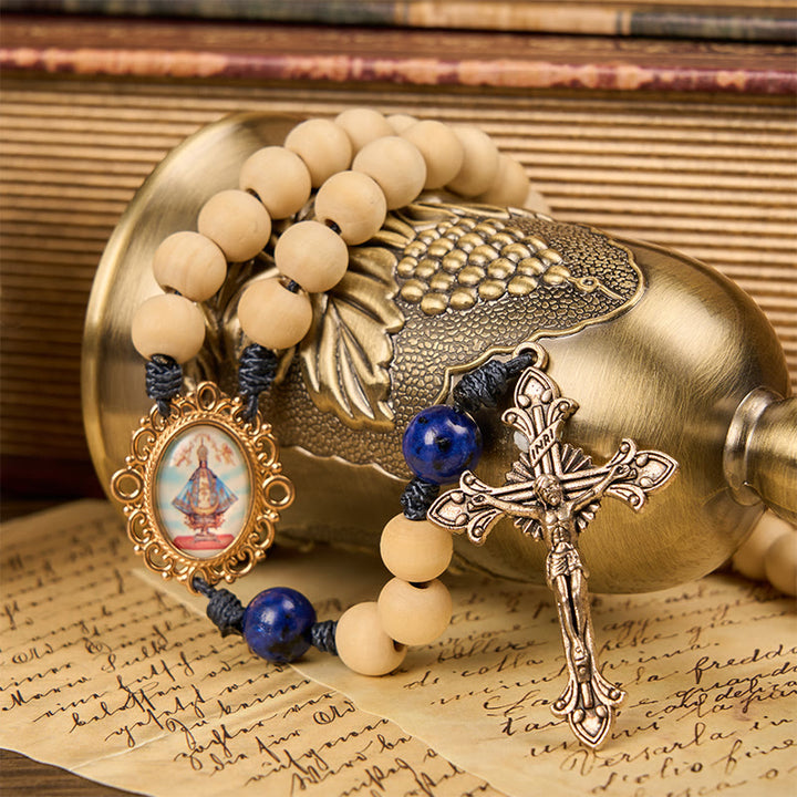 Christianartworkshop Rosenkranz „Unsere Liebe Frau und Kruzifix“ aus 10 mm handgefertigten Holzperlen aus Lapislazuli, Vaterunser-Perlen