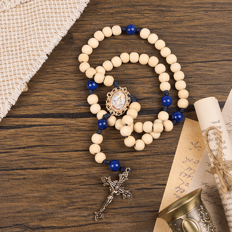 Christianartworkshop Rosenkranz „Unsere Liebe Frau und Kruzifix“ aus 10 mm handgefertigten Holzperlen aus Lapislazuli, Vaterunser-Perlen