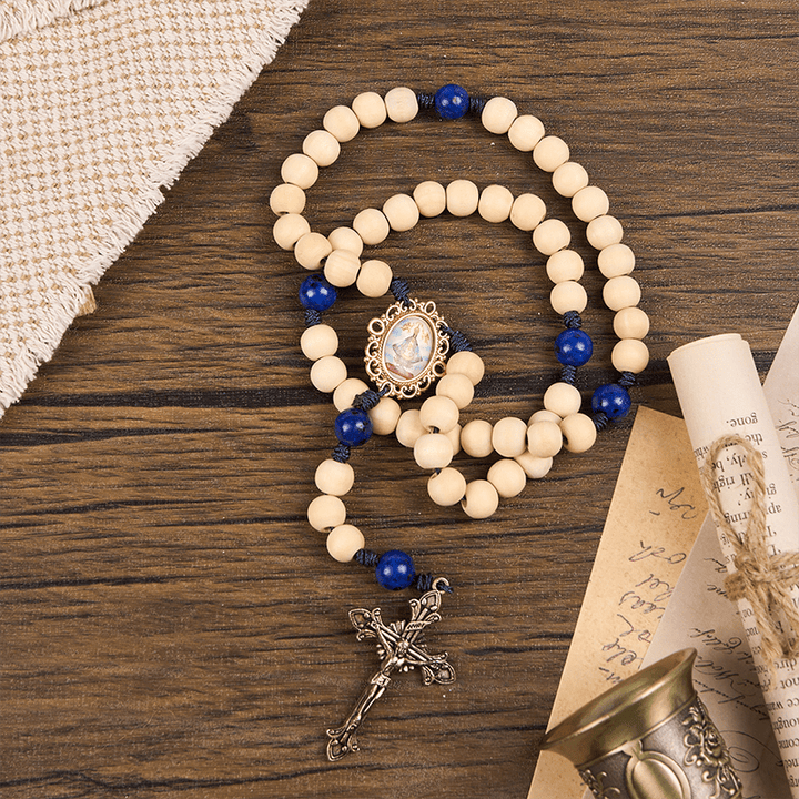 Christianartworkshop Rosenkranz „Unsere Liebe Frau und Kruzifix“ aus 10 mm handgefertigten Holzperlen aus Lapislazuli, Vaterunser-Perlen