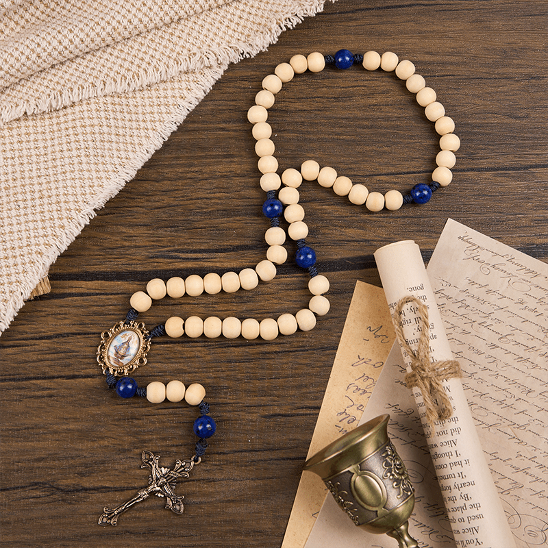 Christianartworkshop Rosenkranz „Unsere Liebe Frau und Kruzifix“ aus 10 mm handgefertigten Holzperlen aus Lapislazuli, Vaterunser-Perlen