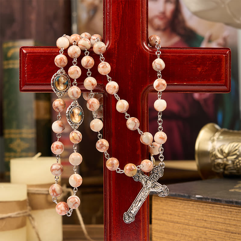 Christianartworkshop Rosenkranz mit Gebetsperlen „Unsere Liebe Frau, betet für uns“ und Kruzifix aus 8 mm rotem Stein
