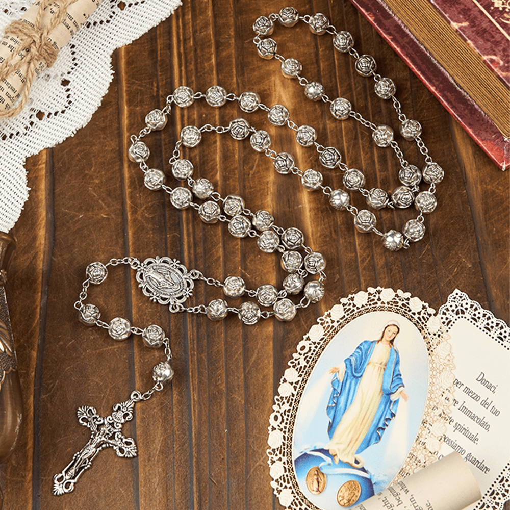 Christianartworkshop Wundertätige Medaille und Kruzifix aus 10 mm Rosen-Gebetsperlen-Rosenkranz - Unsere Liebe Frau und Kruzifix - image 0