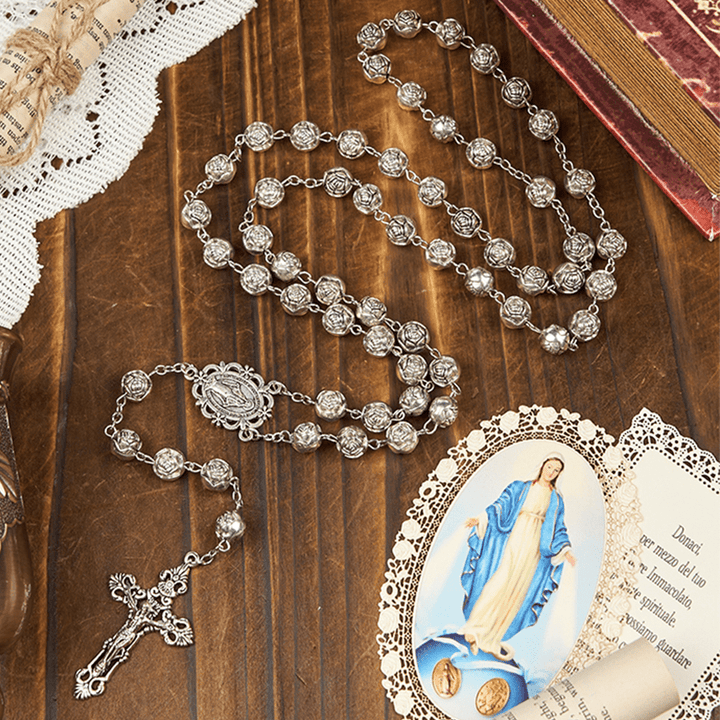 Christianartworkshop Wundertätige Medaille und Kruzifix aus 10 mm Rosen-Gebetsperlen-Rosenkranz - Unsere Liebe Frau und Kruzifix - image 0