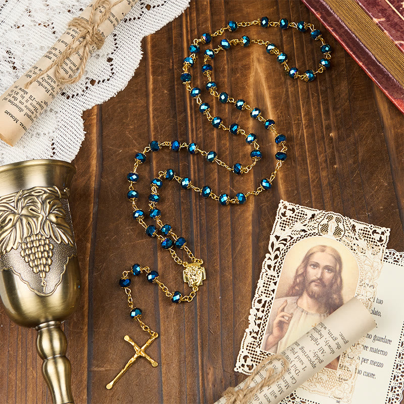 Christianartworkshop Jesus-Ikone und Kruzifix aus 8 mm königsblauen Kristallperlen, Gebetsrosenkranz