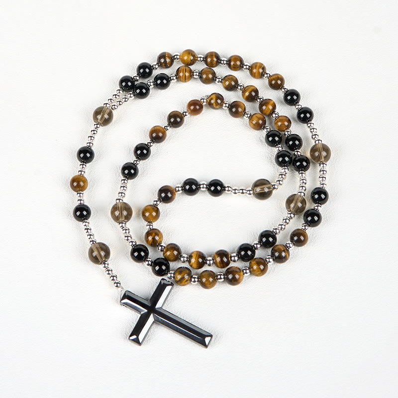 Christianartworkshop Rosenkranz-Halskette aus natürlichem Obsidian und Tigerauge – Rosenkranz mit Kreuz aus Hämatitstein