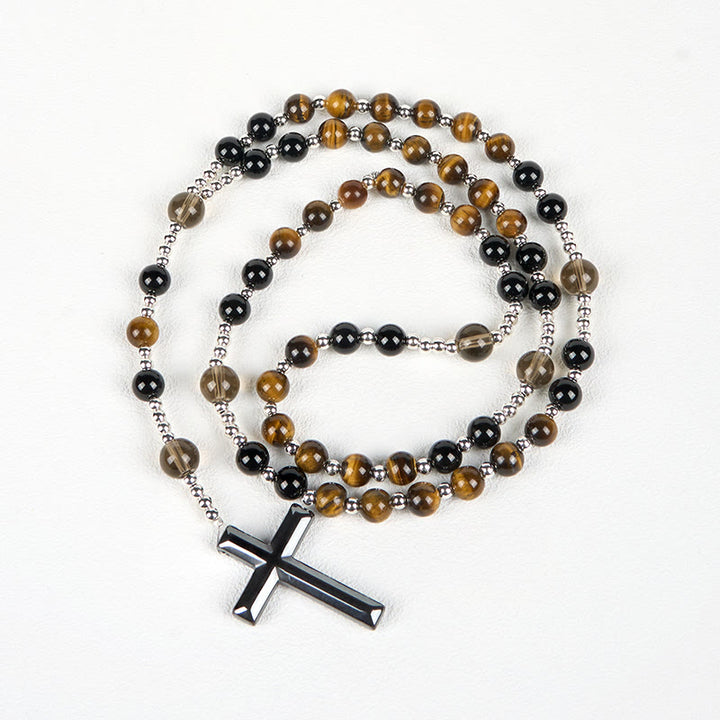 Christianartworkshop Rosenkranz-Halskette aus natürlichem Obsidian und Tigerauge – Rosenkranz mit Kreuz aus Hämatitstein