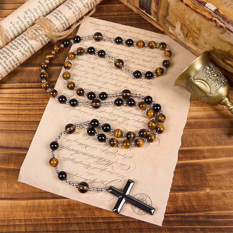 Christianartworkshop Rosenkranz-Halskette aus natürlichem Obsidian und Tigerauge – Rosenkranz mit Kreuz aus Hämatitstein