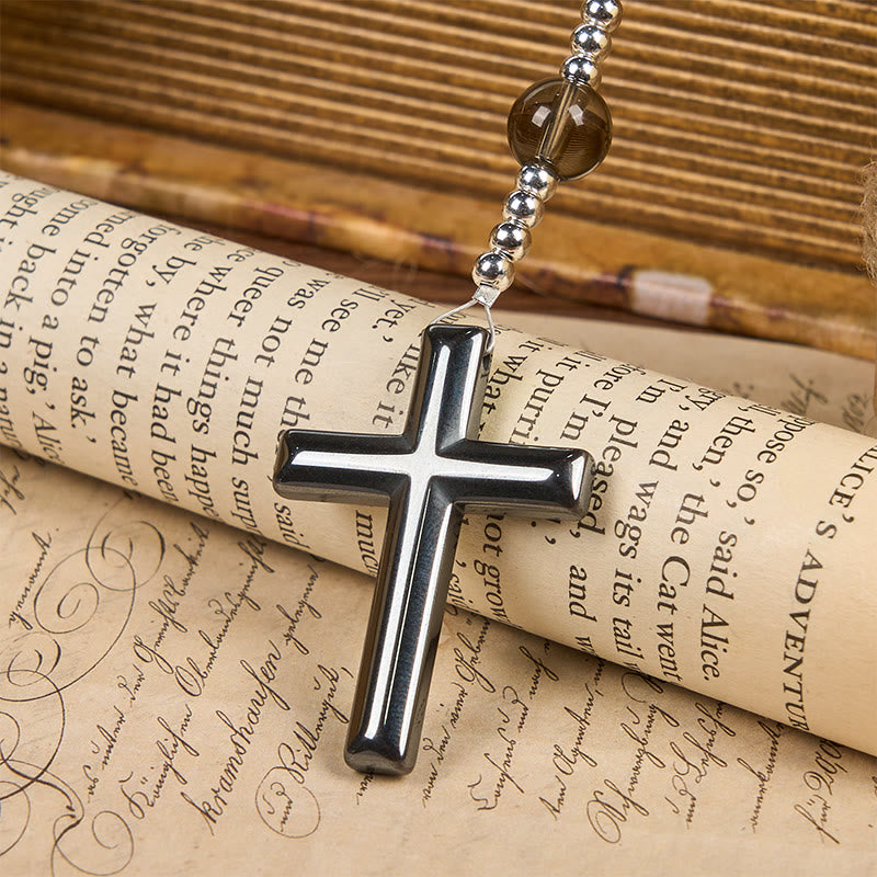 Christianartworkshop Rosenkranz-Halskette aus natürlichem Obsidian und Tigerauge – Rosenkranz mit Kreuz aus Hämatitstein