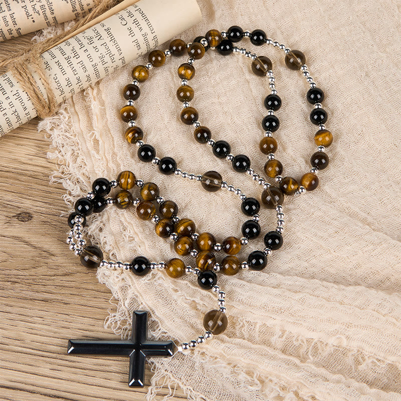 Christianartworkshop GEBETSVOLLER GLAUBE: Handgefertigter Rosenkranz aus natürlichem Obsidian und Tigerauge mit Geschenkkarte - image 3