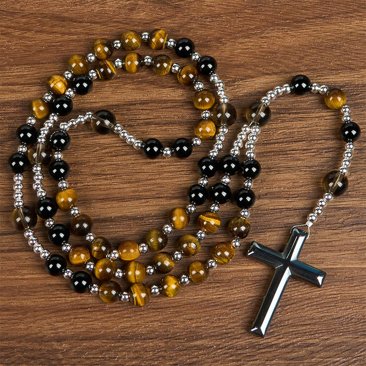 Christianartworkshop Rosenkranz-Halskette aus natürlichem Obsidian und Tigerauge – Rosenkranz mit Kreuz aus Hämatitstein