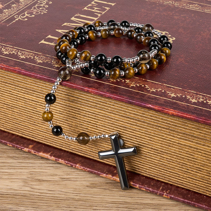 Christianartworkshop Rosenkranz-Halskette aus natürlichem Obsidian und Tigerauge – Rosenkranz mit Kreuz aus Hämatitstein
