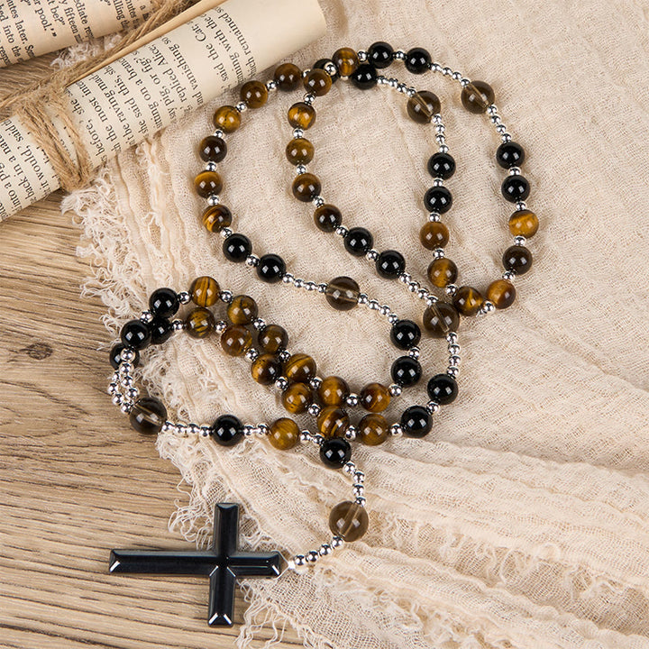 Christianartworkshop Rosenkranz-Halskette aus natürlichem Obsidian und Tigerauge – Rosenkranz mit Kreuz aus Hämatitstein