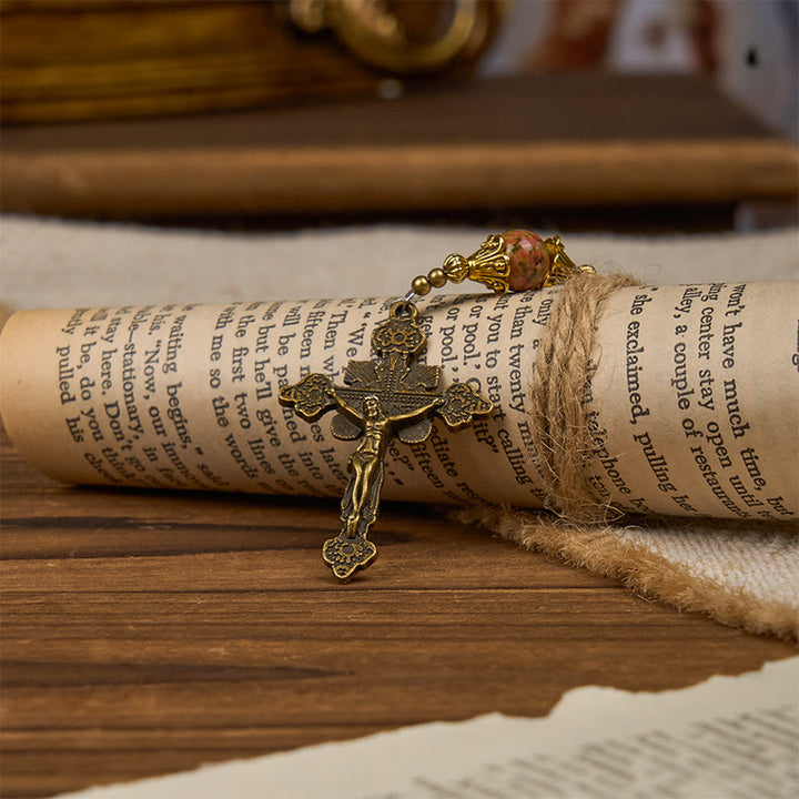 Christianartworkshop Rosenkranz mit dem Heiligen Benedikt und Kruzifix aus 8 mm handgefertigtem Chrysokoll-Stein – exklusiv gefertigt für heilige Gebete
