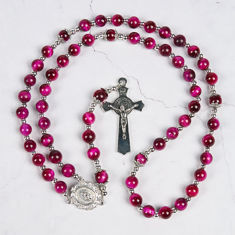 Christianartworkshop Wundertätige Medaille und Kruzifix aus 8 mm rosa Tigerauge-Edelsteinperlen, Rosenkranz