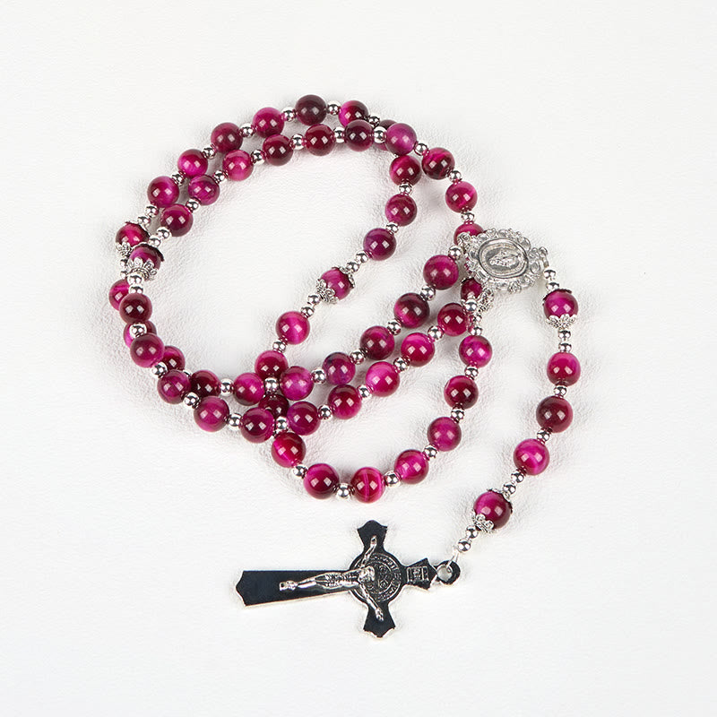 Christianartworkshop Wundertätige Medaille und Kruzifix aus 8 mm rosa Tigerauge-Edelsteinperlen, Rosenkranz