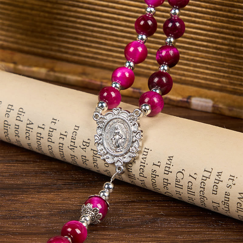 Christianartworkshop Wundertätige Medaille und Kruzifix aus 8 mm rosa Tigerauge-Edelsteinperlen, Rosenkranz