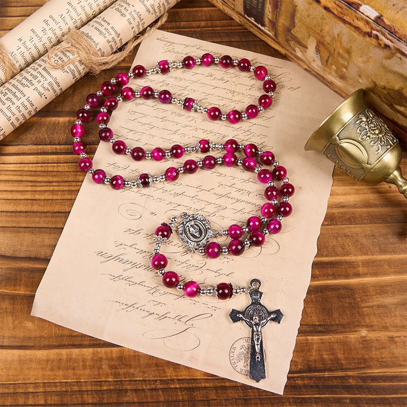 Christianartworkshop Wundertätige Medaille und Kruzifix aus 8 mm rosa Tigerauge-Edelsteinperlen, Rosenkranz