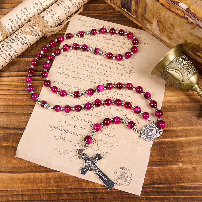 Christianartworkshop Wundertätige Medaille und Kruzifix aus 8 mm rosa Tigerauge-Edelsteinperlen, Rosenkranz