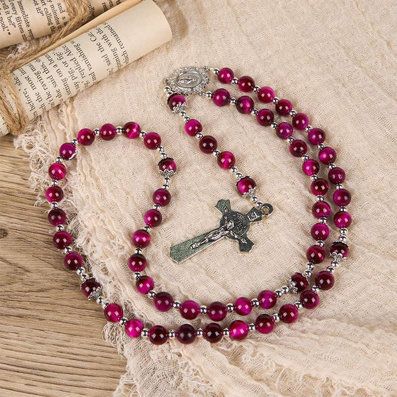 Christianartworkshop Wundertätige Medaille und Kruzifix aus 8 mm rosa Tigerauge-Edelsteinperlen, Rosenkranz