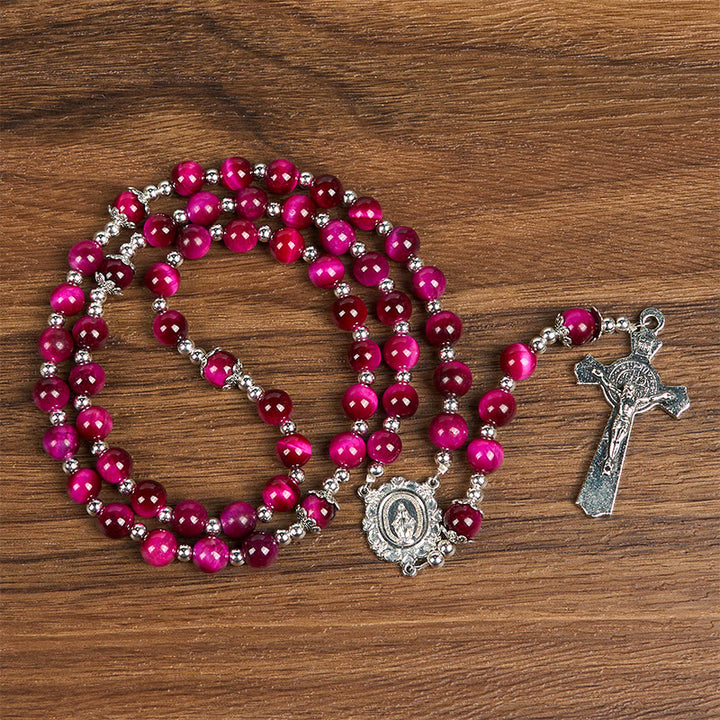 Christianartworkshop Wundertätige Medaille und Kruzifix aus 8 mm rosa Tigerauge-Edelsteinperlen, Rosenkranz