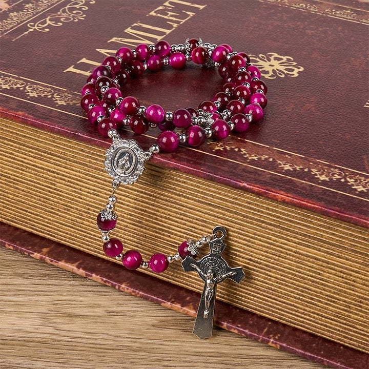Christianartworkshop Wundertätige Medaille und Kruzifix aus 8 mm rosa Tigerauge-Edelsteinperlen, Rosenkranz