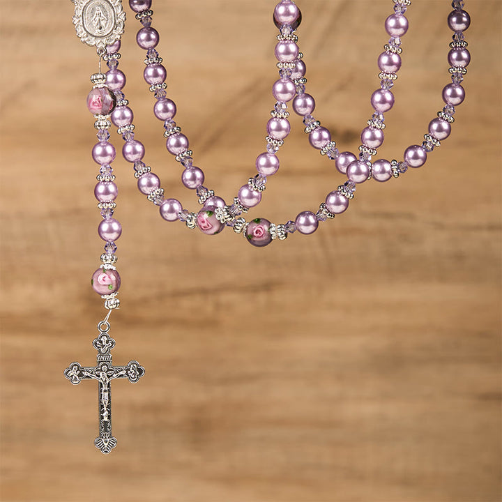 Christianartworkshop Wundertätige Medaille und Kruzifix, 8 mm, violette Perle und Kristall, handgefertigter Rosenkranz – heilige Perlen für heilige Gebete