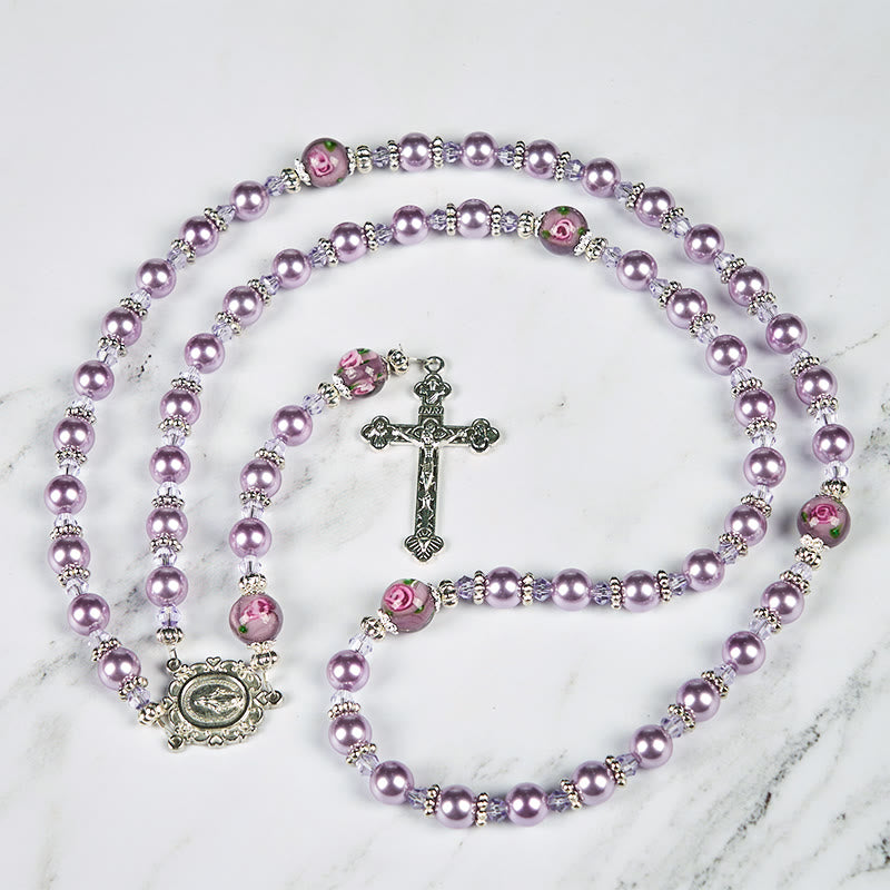 Christianartworkshop Wundertätige Medaille und Kruzifix, 8 mm, violette Perle und Kristall, handgefertigter Rosenkranz – heilige Perlen für heilige Gebete