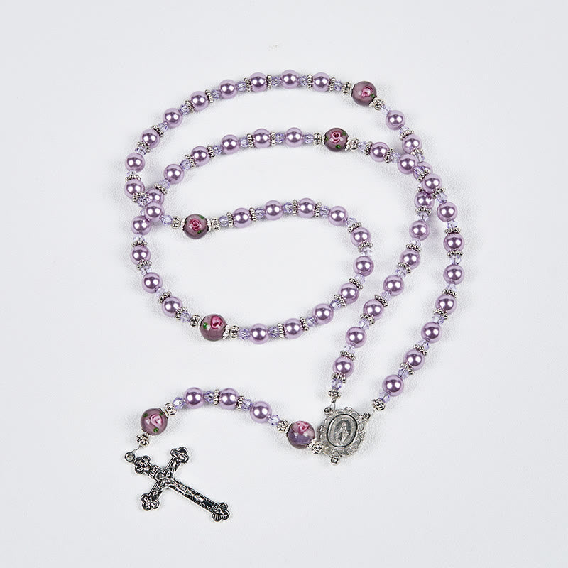 Christianartworkshop Wundertätige Medaille und Kruzifix, 8 mm, violette Perle und Kristall, handgefertigter Rosenkranz – heilige Perlen für heilige Gebete