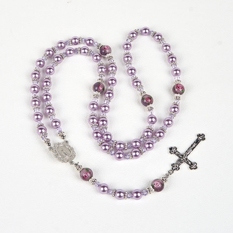 Christianartworkshop Wundertätige Medaille und Kruzifix, 8 mm, violette Perle und Kristall, handgefertigter Rosenkranz – heilige Perlen für heilige Gebete