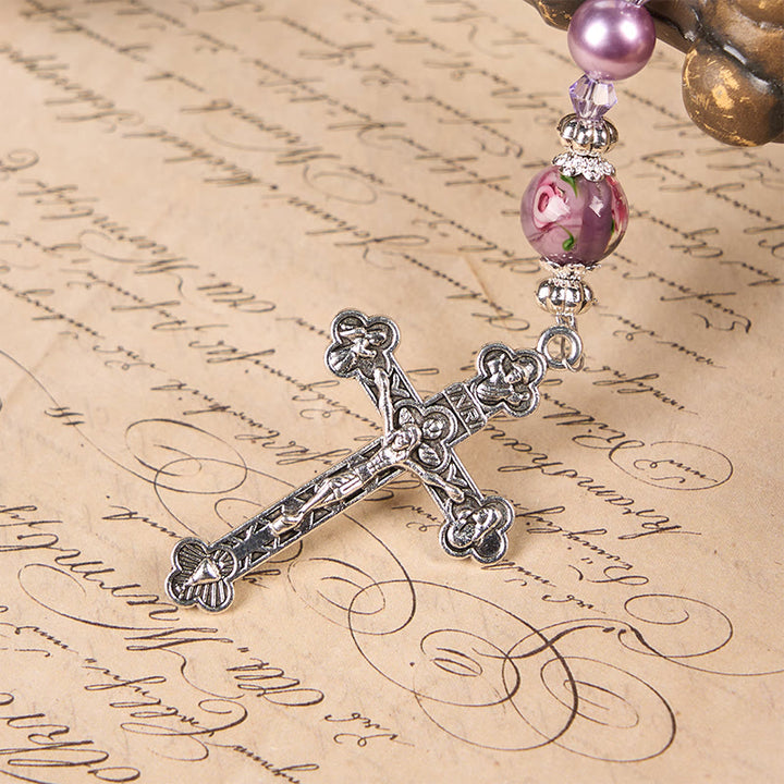 Christianartworkshop Wundertätige Medaille und Kruzifix, 8 mm, violette Perle und Kristall, handgefertigter Rosenkranz – heilige Perlen für heilige Gebete