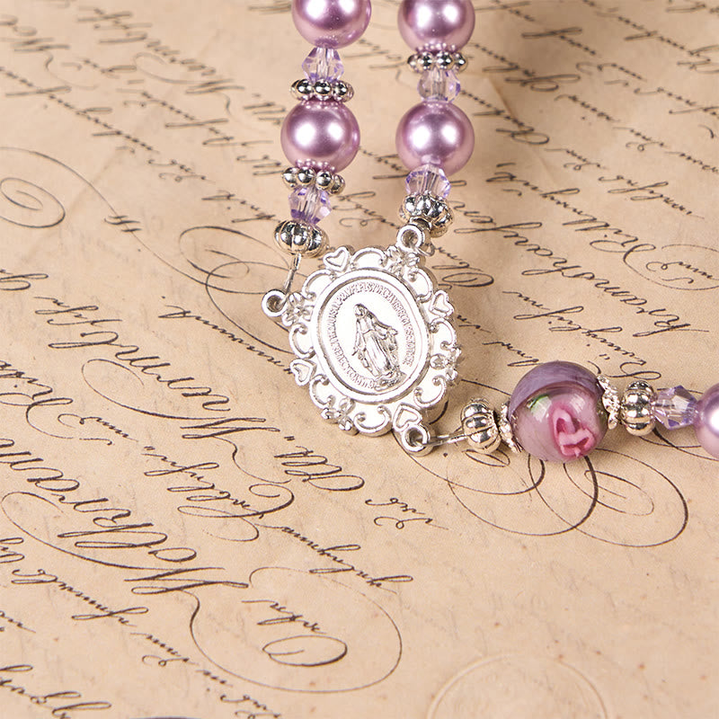 Christianartworkshop Wundertätige Medaille und Kruzifix, 8 mm, violette Perle und Kristall, handgefertigter Rosenkranz – heilige Perlen für heilige Gebete