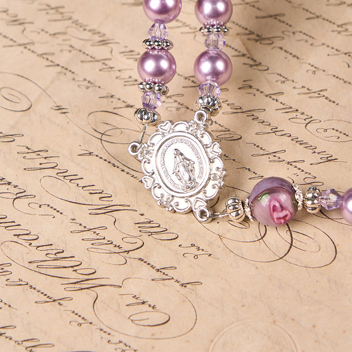 Christianartworkshop Wundertätige Medaille und Kruzifix, 8 mm, violette Perle und Kristall, handgefertigter Rosenkranz – heilige Perlen für heilige Gebete
