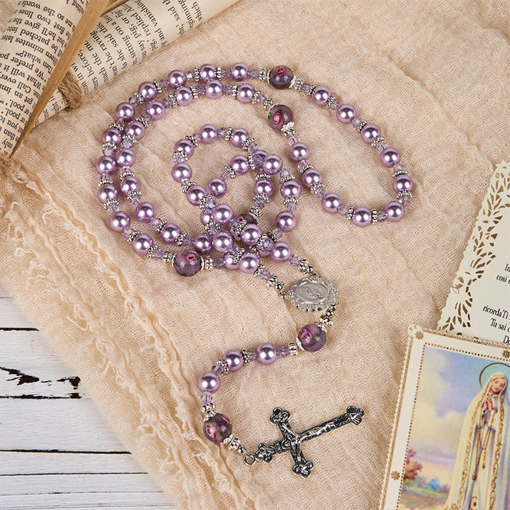 Christianartworkshop Wundertätige Medaille und Kruzifix, 8 mm, violette Perle und Kristall, handgefertigter Rosenkranz – heilige Perlen für heilige Gebete