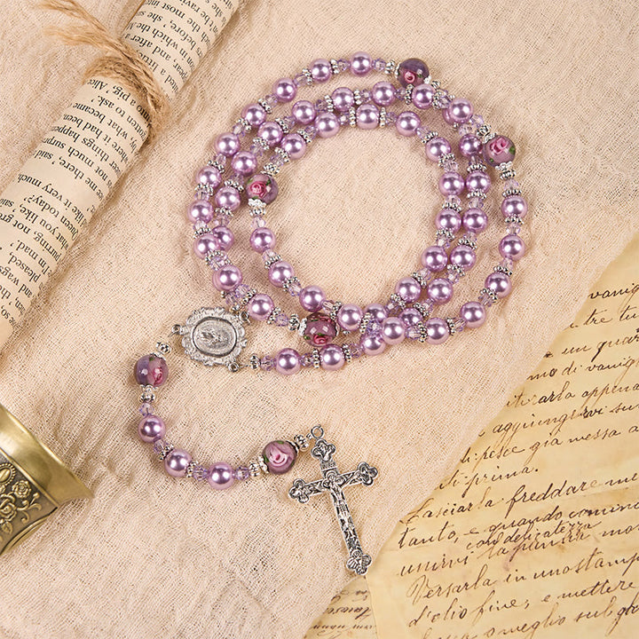 Christianartworkshop Wundertätige Medaille und Kruzifix, 8 mm, violette Perle und Kristall, handgefertigter Rosenkranz – heilige Perlen für heilige Gebete