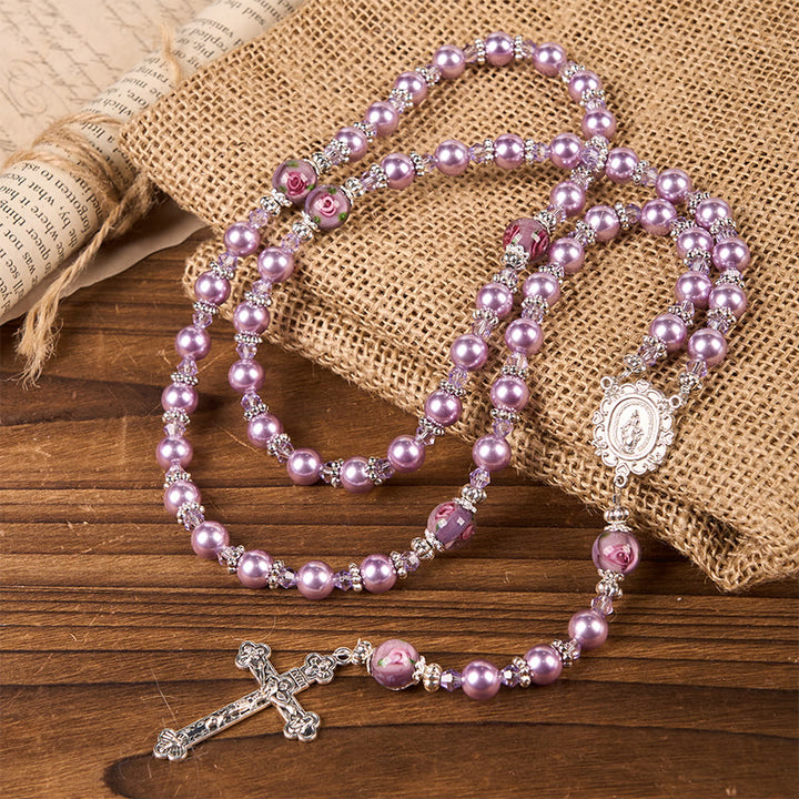 Christianartworkshop Wundertätige Medaille und Kruzifix, 8 mm, violette Perle und Kristall, handgefertigter Rosenkranz – heilige Perlen für heilige Gebete