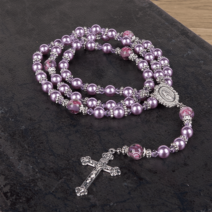 Christianartworkshop Wundertätige Medaille und Kruzifix, 8 mm, violette Perle und Kristall, handgefertigter Rosenkranz – heilige Perlen für heilige Gebete