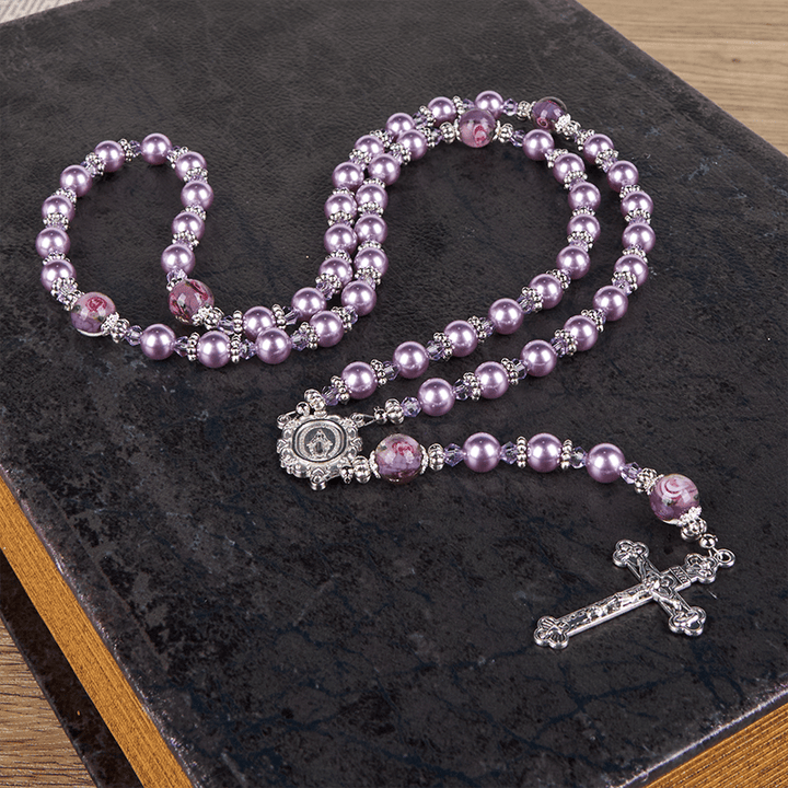 Christianartworkshop Wundertätige Medaille und Kruzifix, 8 mm, violette Perle und Kristall, handgefertigter Rosenkranz – heilige Perlen für heilige Gebete