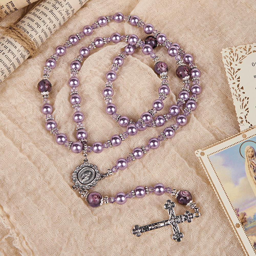 Christianartworkshop Wundertätige Medaille und Kruzifix, 8 mm, violette Perle und Kristall, handgefertigter Rosenkranz – heilige Perlen für heilige Gebete