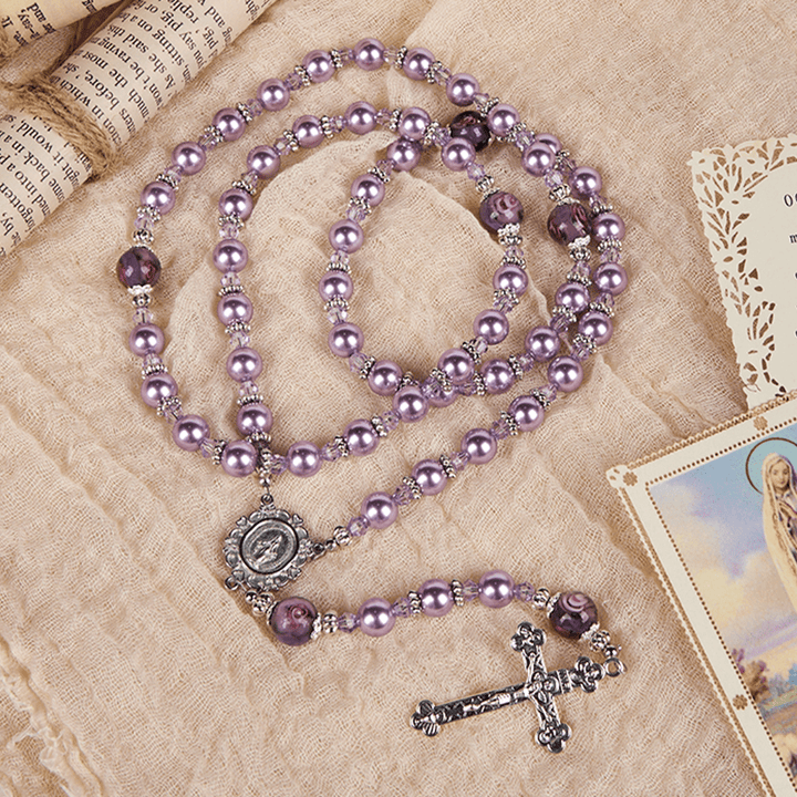 Christianartworkshop Wundertätige Medaille und Kruzifix, 8 mm, violette Perle und Kristall, handgefertigter Rosenkranz – heilige Perlen für heilige Gebete