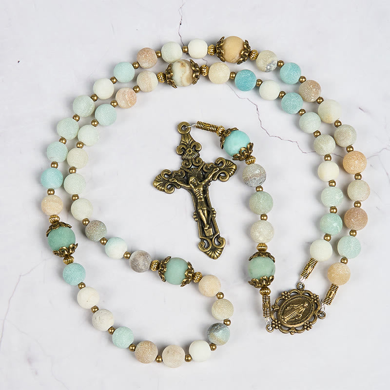 Christianartworkshop Handgefertigter Rosenkranz aus mattiertem Amazonit, 8 mm, ein zeitloses Stück Hingabe