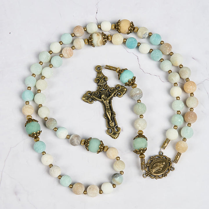Christianartworkshop Handgefertigter Rosenkranz aus mattiertem Amazonit, 8 mm, ein zeitloses Stück Hingabe